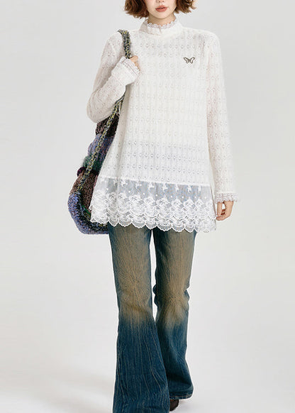 Boutique White Hign Neck Patchwork Lace Top Spring