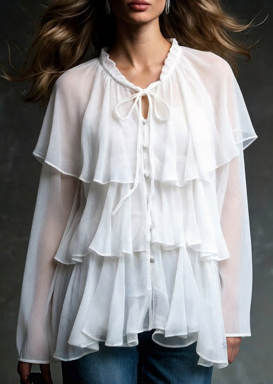 Boutique White Lace Up Ruffled Chiffon Shirt Spring