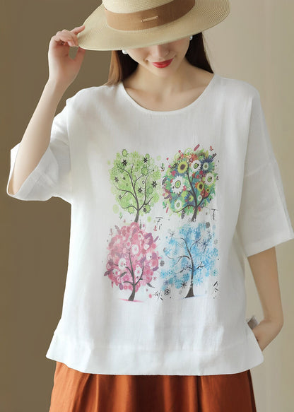 Boutique White O Neck Print Cotton T Shirt Summer