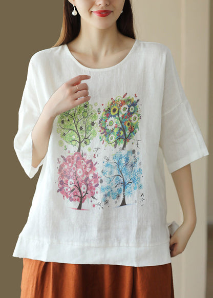 Boutique White O Neck Print Cotton T Shirt Summer