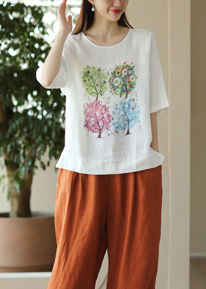 Boutique White O Neck Print Cotton T Shirt Summer