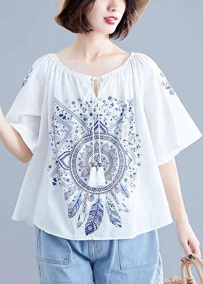 Boutique Weiß O-Ausschnitt Bindegürtel Print Tops Kurzarm