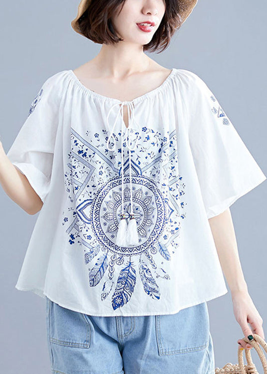 Boutique Weiß O-Ausschnitt Bindegürtel Print Tops Kurzarm