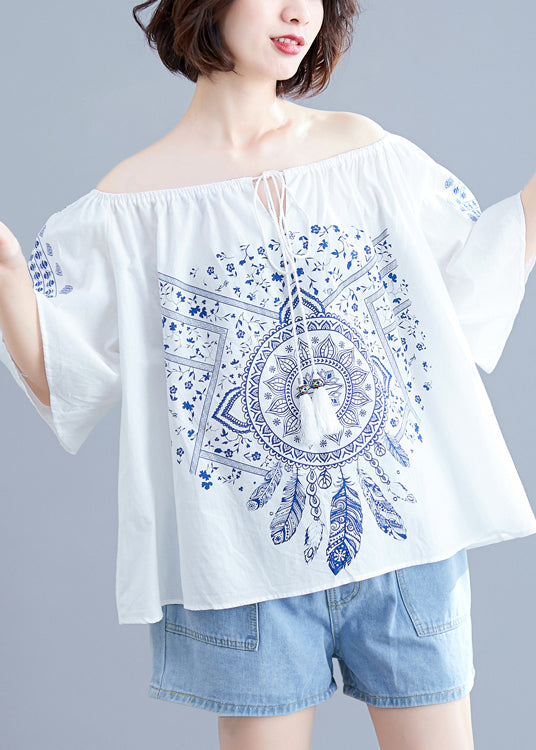 Boutique Weiß O-Ausschnitt Bindegürtel Print Tops Kurzarm