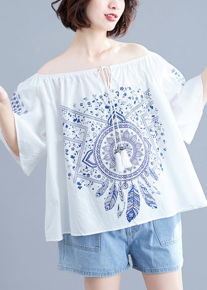 Boutique Weiß O-Ausschnitt Bindegürtel Print Tops Kurzarm