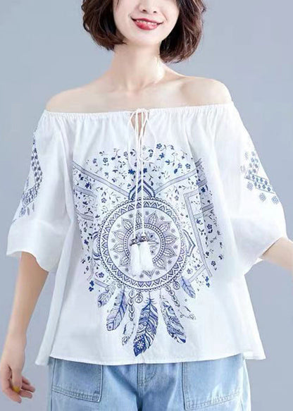 Boutique Weiß O-Ausschnitt Bindegürtel Print Tops Kurzarm