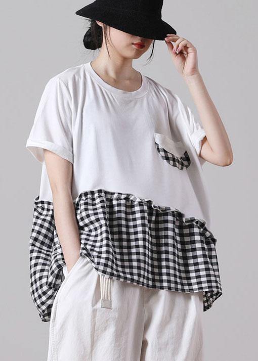 Boutique White Patchwork Plaid Pockets Cotton Shirt Tops Short Sleeve Summer - SooLinen