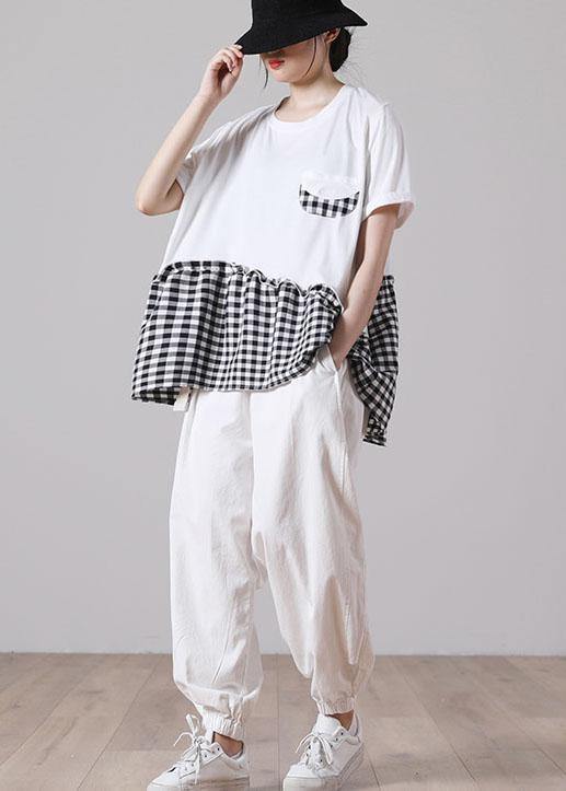 Boutique White Patchwork Plaid Pockets Cotton Shirt Tops Short Sleeve Summer - SooLinen