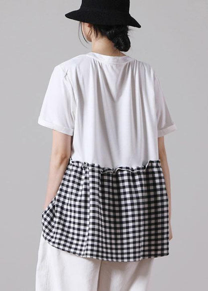 Boutique White Patchwork Plaid Pockets Cotton Shirt Tops Short Sleeve Summer - SooLinen