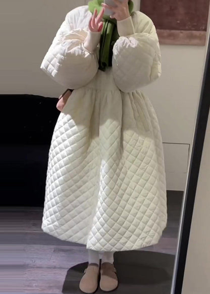 Boutique White Plaid Fine Cotton Filled Witner Coat Lantern Sleeve