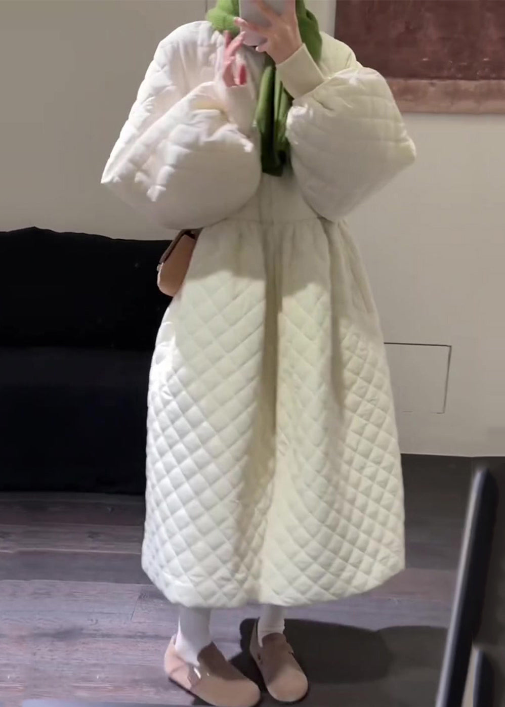 Boutique White Plaid Fine Cotton Filled Witner Coat Lantern Sleeve