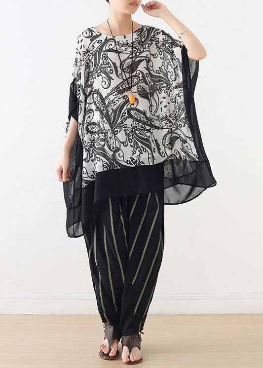 Boutique White Print Batwing Sleeve Chiffon Summer Shirt Tops - SooLinen