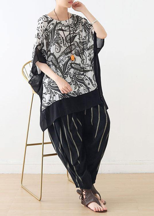 Boutique White Print Batwing Sleeve Chiffon Summer Shirt Tops - SooLinen