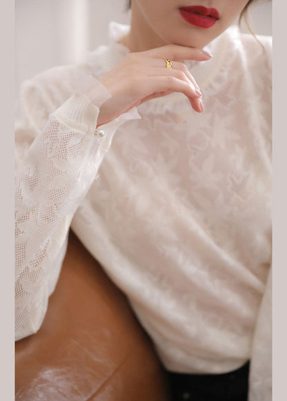 Boutique Weiß Rüschen Patchwork Jacquard Spitze Shirts Frühling