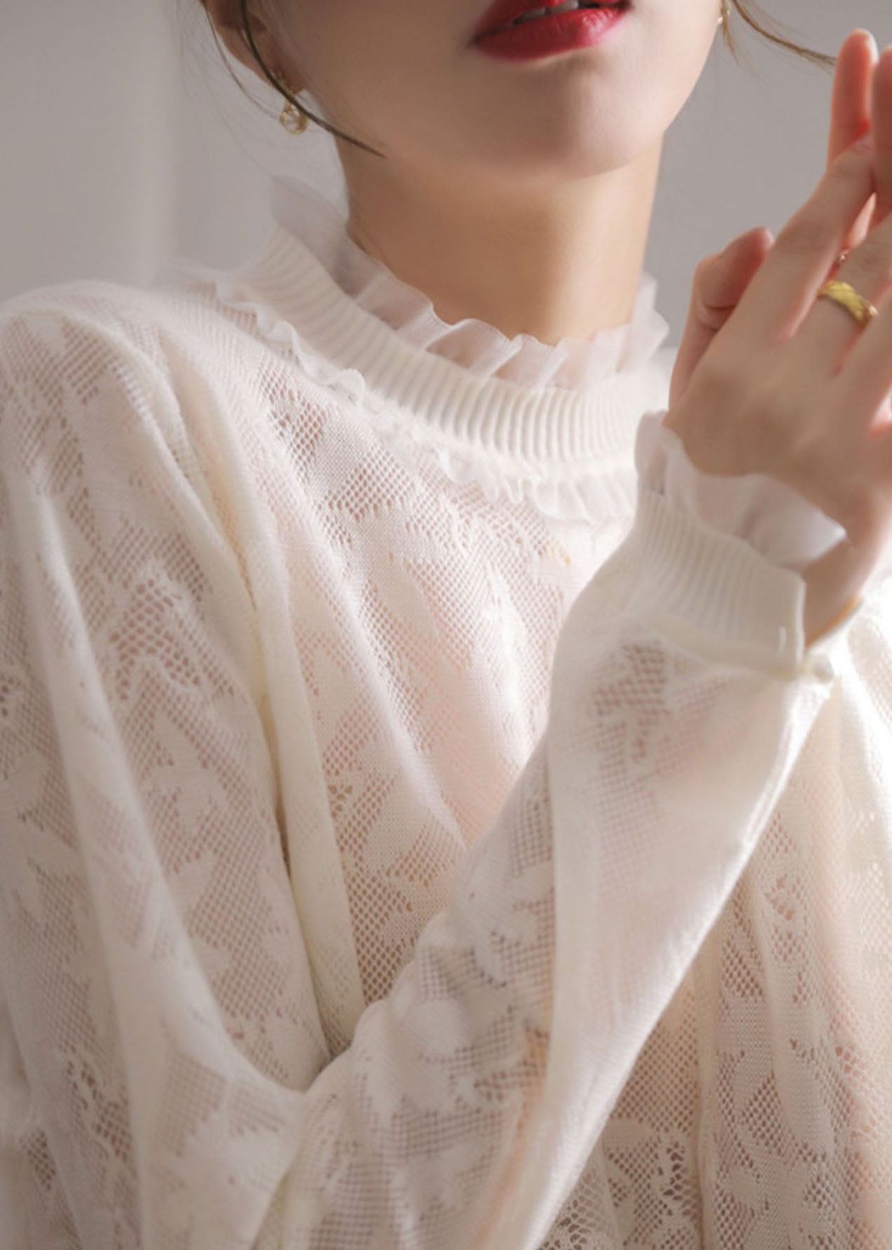 Boutique Weiß Rüschen Patchwork Jacquard Spitze Shirts Frühling