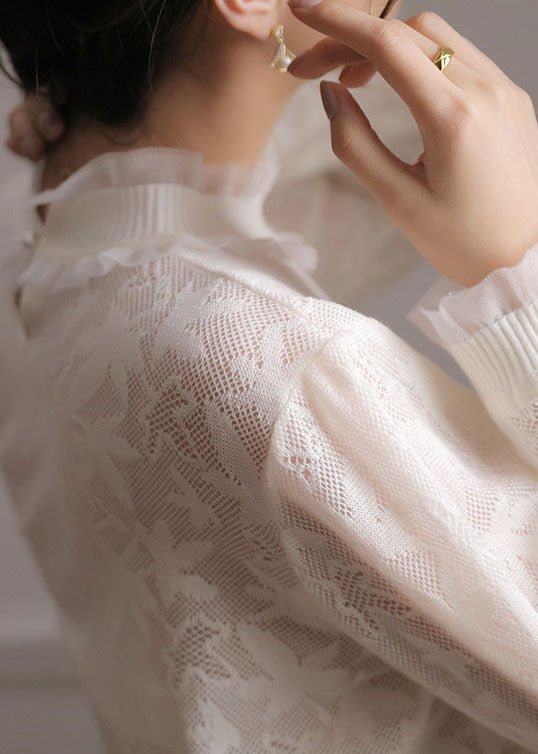 Boutique Weiß Rüschen Patchwork Jacquard Spitze Shirts Frühling