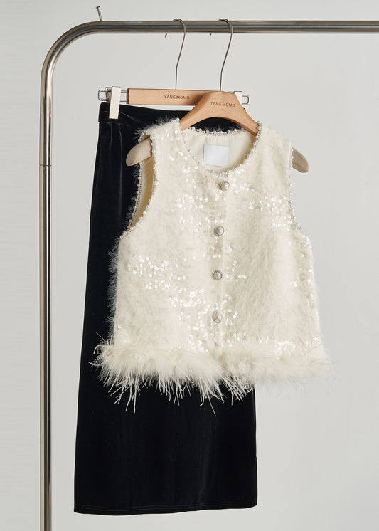 Boutique White Sequins Patchwork Feather Vests Fall