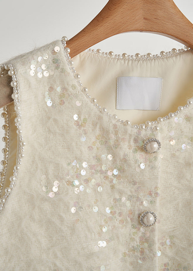 Boutique White Sequins Patchwork Feather Vests Fall