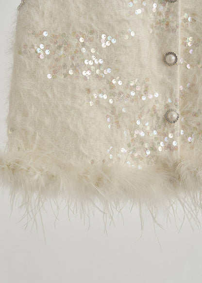 Boutique White Sequins Patchwork Feather Vests Fall