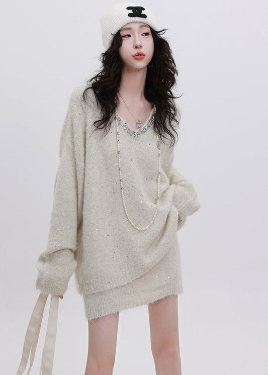 Conjunto de dos piezas de suéter y falda de punto cálido con lentejuelas blancas de Boutique para invierno