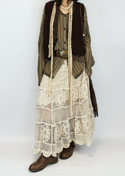 Boutique White Tasseled Hollow Out Knit Skirts Summer