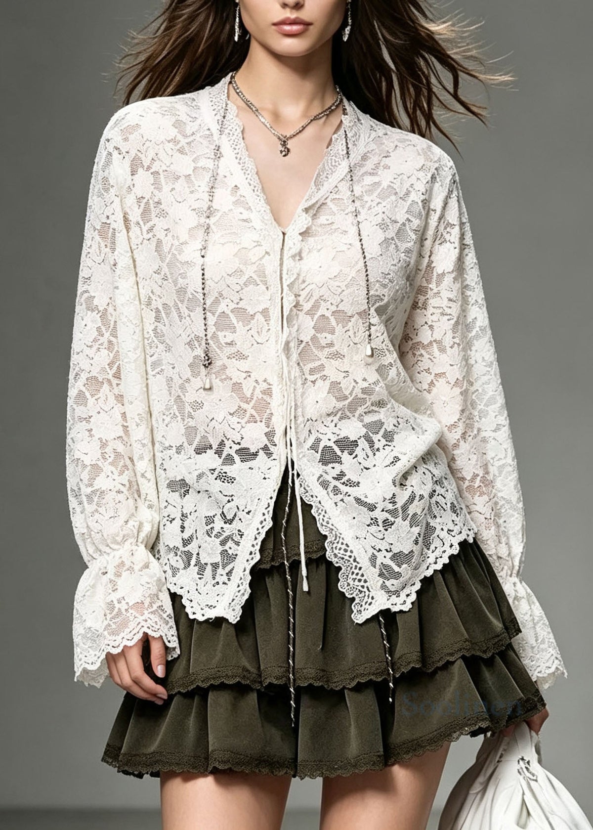 Boutique White V Neck Patchwork Lace Blouse Top Fall