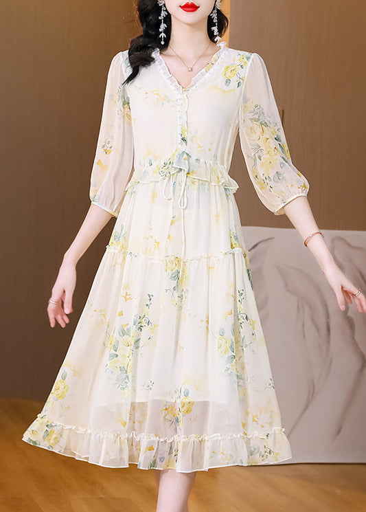 Boutique Weiß V-Ausschnitt Rüschen Print Chiffon Kleider Sommer