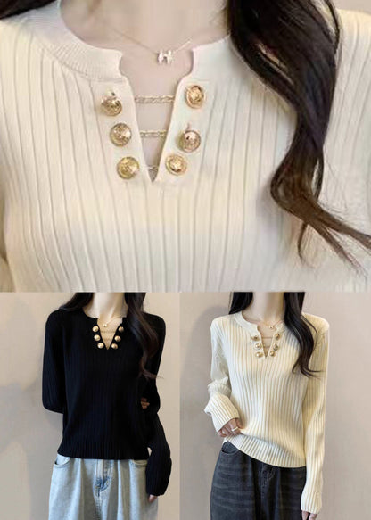 Boutique White V Neck Solid Cotton Knit Sweater Spring