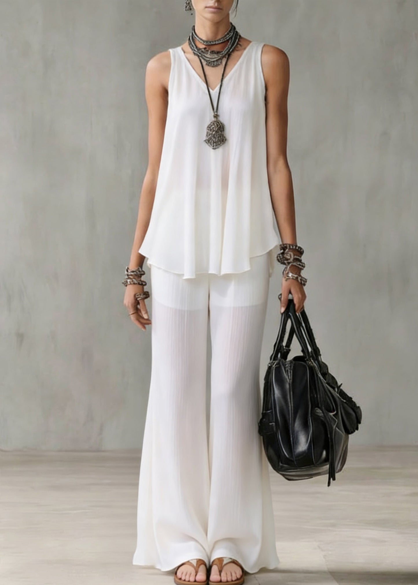 Boutique White V Neck Solid Tops And Wide Leg Pants Chiffon Two Pieces Set Summer