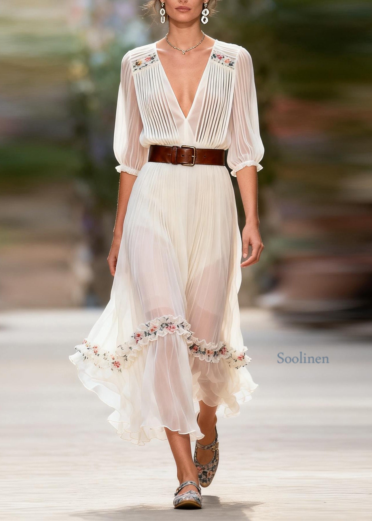 Boutique White V Neck Wrinkled Floral Patchwork Chiffon Dresses Summer