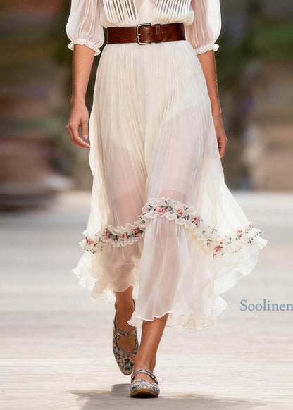 Boutique White V Neck Wrinkled Floral Patchwork Chiffon Dresses Summer