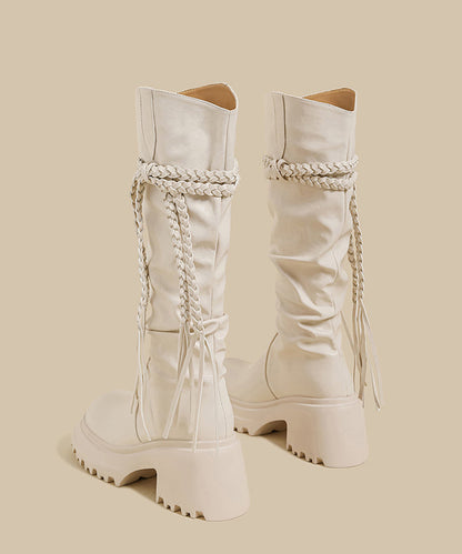 Botas gruesas de empalme arrugado de boutique de cuero sintético marrón