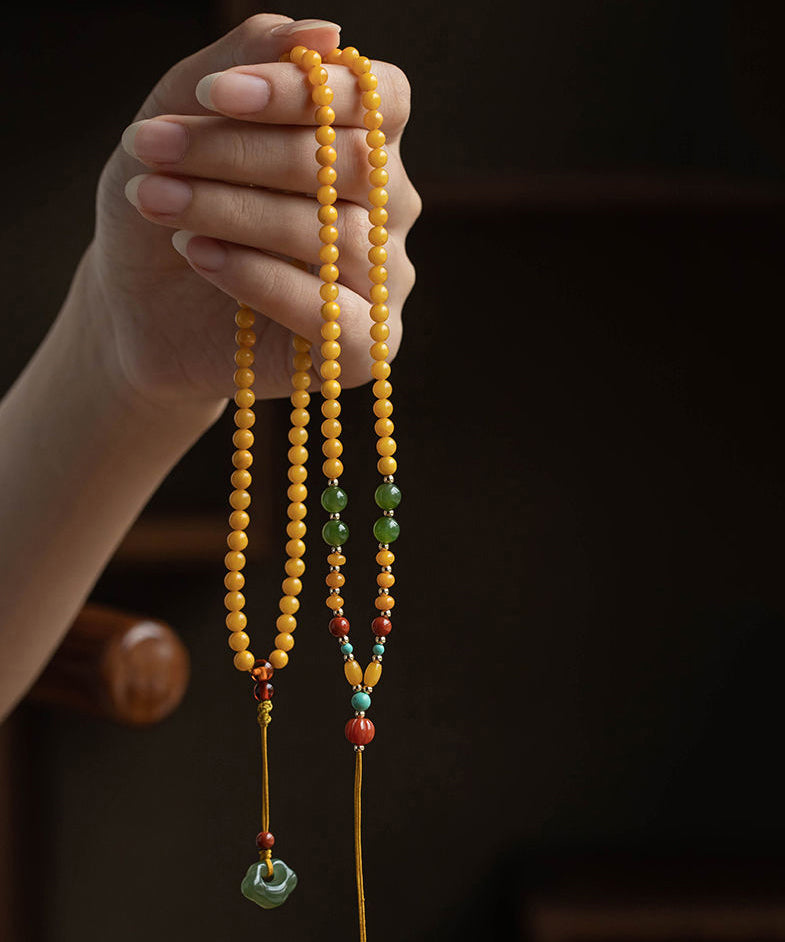 Boutique Gelb Legierung Bienenwachs Jade Achat Perlen Anhänger Halskette