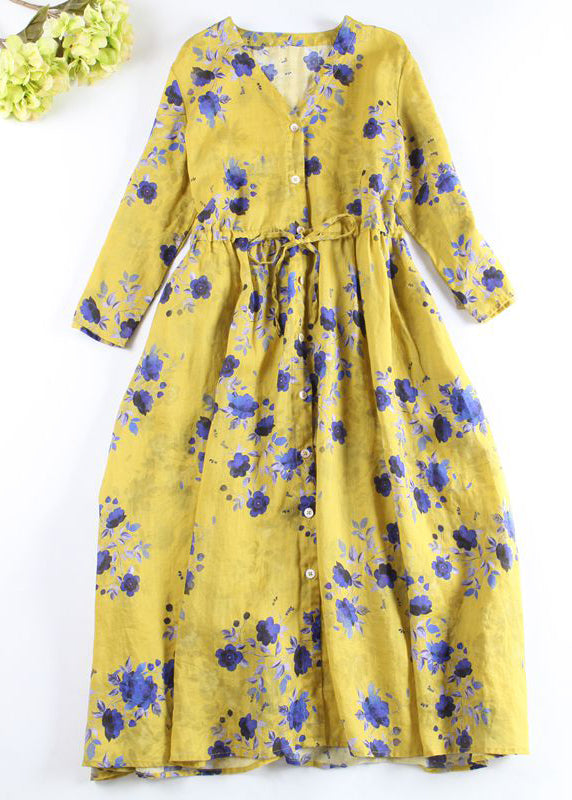 Boutique Yellow Button V Neck Print Linen Shirt Dress Long Sleeve