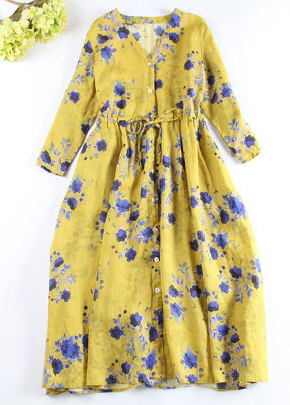 Boutique Yellow Button V Neck Print Linen Shirt Dress Long Sleeve