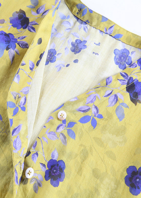 Boutique Yellow Button V Neck Print Linen Shirt Dress Long Sleeve