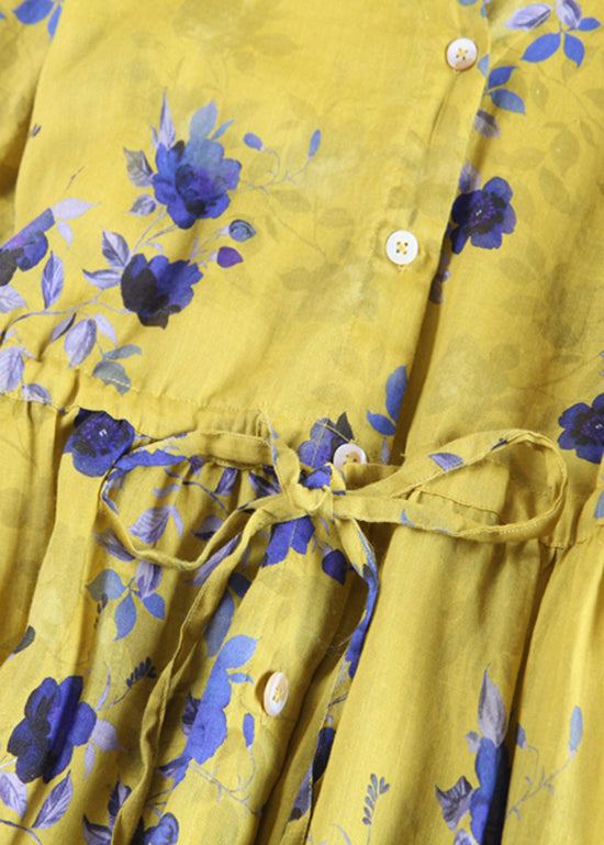 Boutique Yellow Button V Neck Print Linen Shirt Dress Long Sleeve