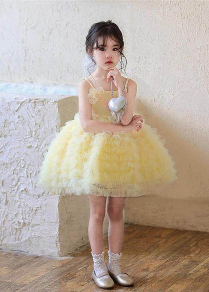 Boutique Yellow Floral Tulle Kids Girls Spaghetti Strap Dress Summer