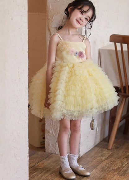 Boutique Yellow Floral Tulle Kids Girls Spaghetti Strap Dress Summer