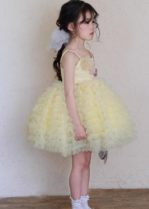 Boutique Yellow Floral Tulle Kids Girls Spaghetti Strap Dress Summer