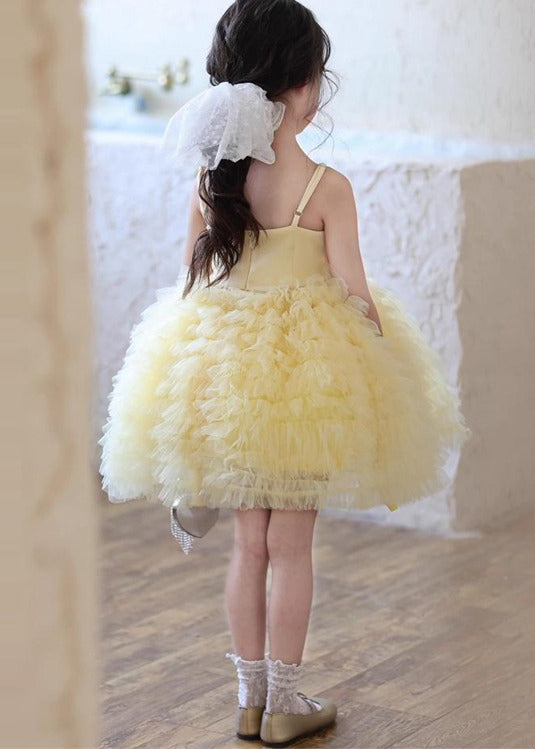 Boutique Yellow Floral Tulle Kids Girls Spaghetti Strap Dress Summer