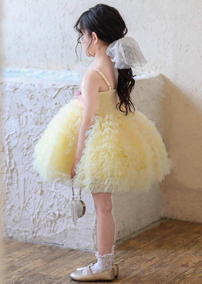 Boutique Yellow Floral Tulle Kids Girls Spaghetti Strap Dress Summer
