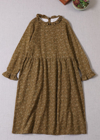 Boutique Gelb Grün Rüschen Print Baumwolle Langes Kleid Frühling