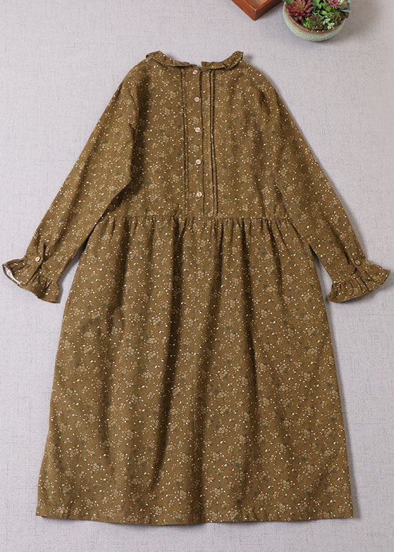 Boutique Gelb Grün Rüschen Print Baumwolle Langes Kleid Frühling