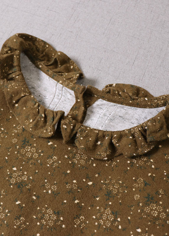 Boutique Gelb Grün Rüschen Print Baumwolle Langes Kleid Frühling