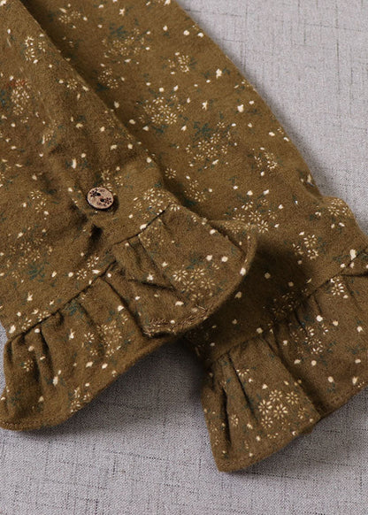 Boutique Gelb Grün Rüschen Print Baumwolle Langes Kleid Frühling