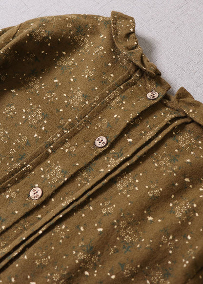 Boutique Gelb Grün Rüschen Print Baumwolle Langes Kleid Frühling