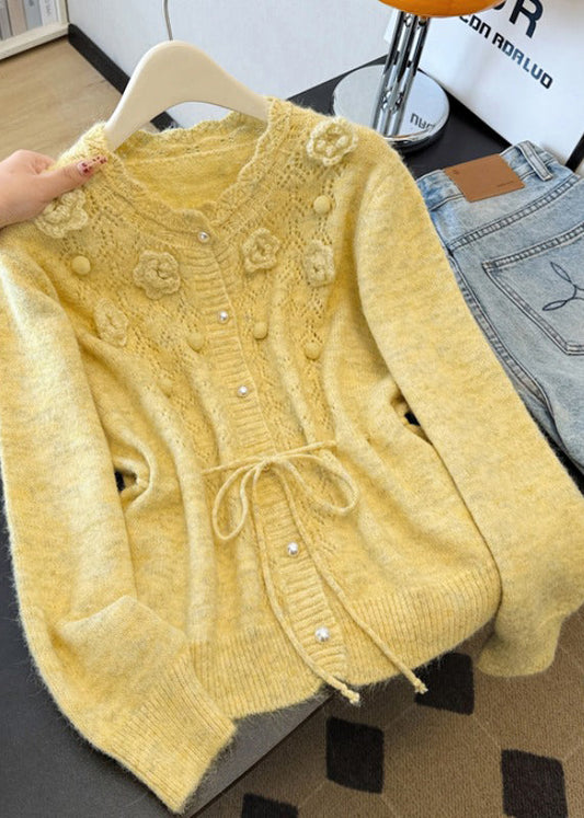 Boutique Yellow Hollow Out Floral Knit Cardigans Spring