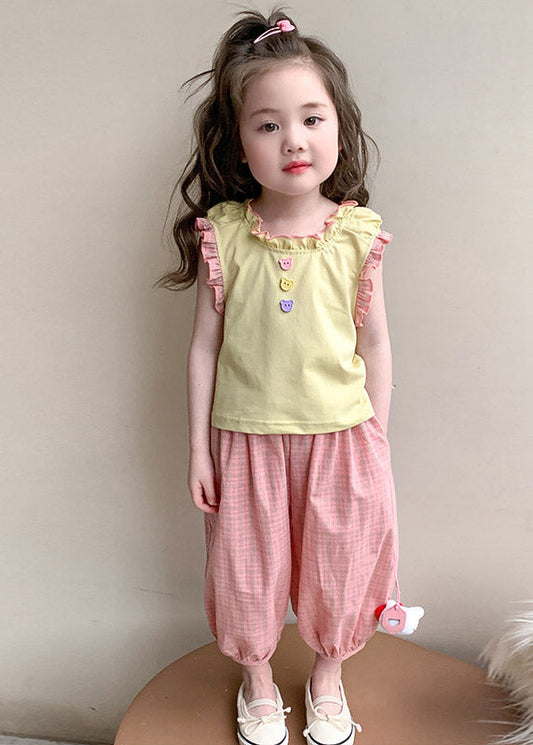 Boutique Yellow O-Neck Kids Vest And Lantern Pants Two Piece Set Sleeveless