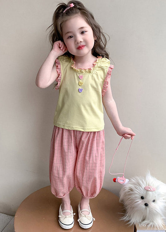 Boutique Yellow O-Neck Kids Vest And Lantern Pants Two Piece Set Sleeveless